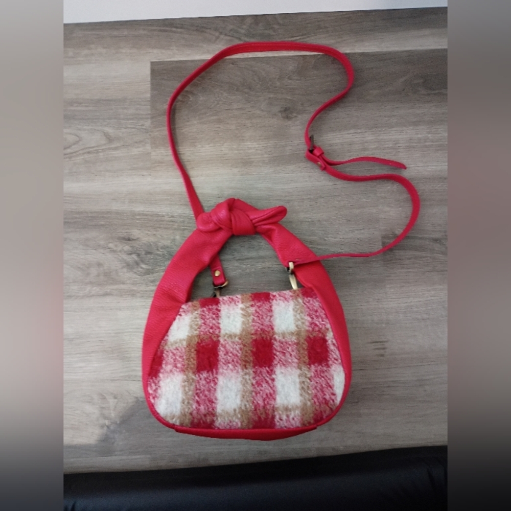 Sundance Made In Italy Sherpa Plaid Red‎ Cream Tan Leather Bow Strap Mini Bag